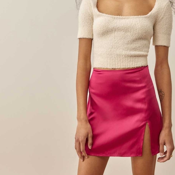NWT REFORMATION Robbie 100% Silk Skirt Rhubarb Pink Slit 0 - Picture 2 of 12